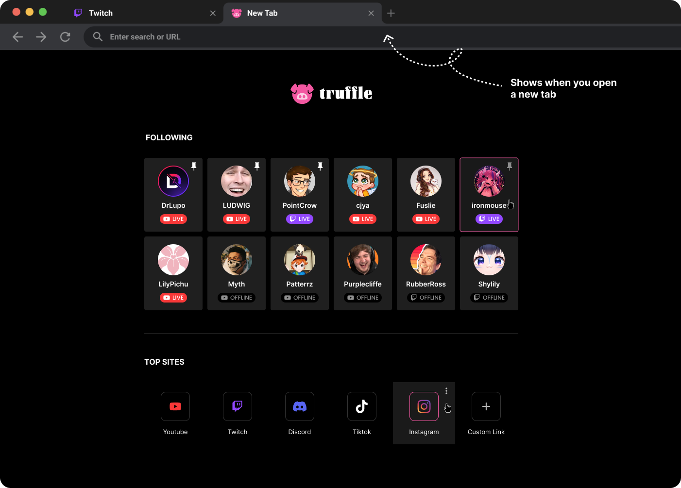 image of the new Tab page, mostly black with icons of the users followed streamers and their most viewed sites